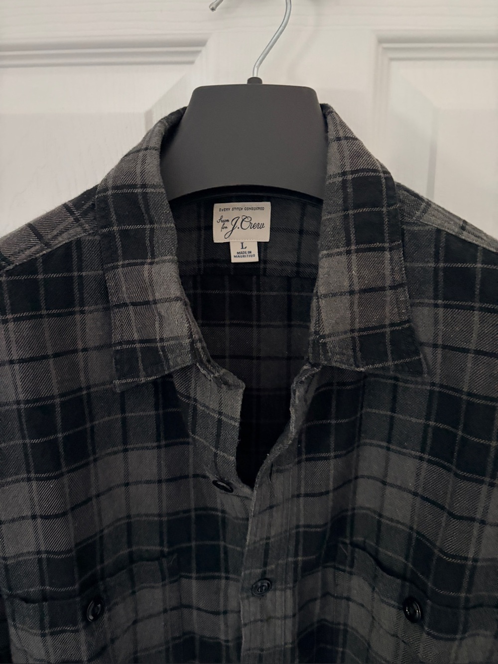 J Crew Classic Grey and Black Plaid Cotton Hemp Blend  Flannel - Large